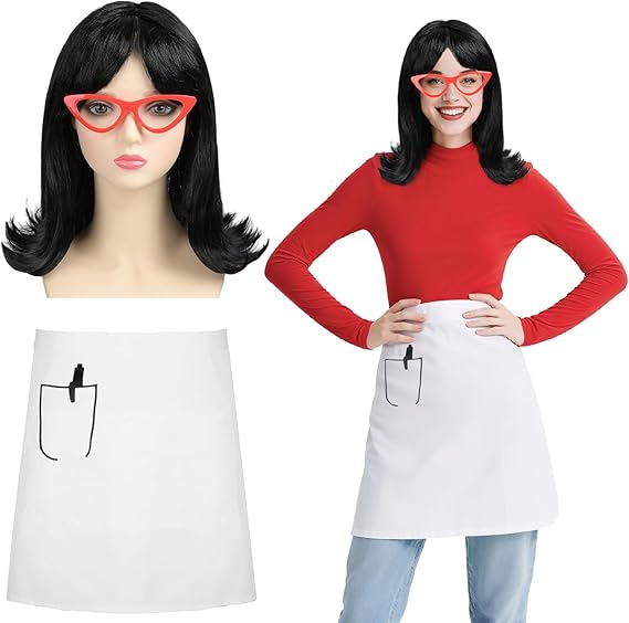 ZIOTL Waitress Costume Set for Women Halloween Outfit Carneval Cosplay Dress Up, Red Cat-Eye Glasses, Black Flip Wig, White Half-Length Apron with Pocket