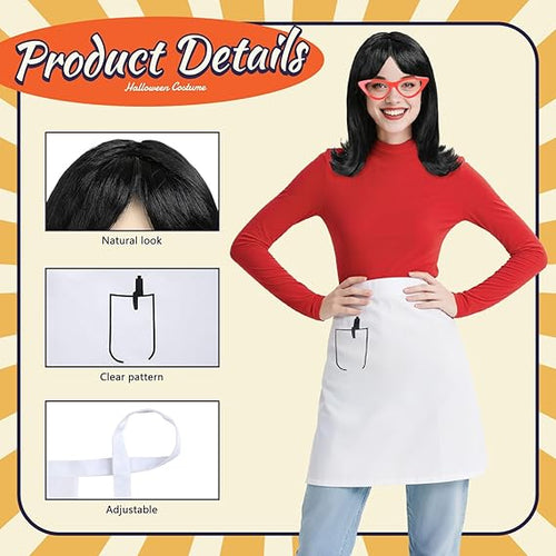 ZIOTL Waitress Costume Set for Women Halloween Outfit Carneval Cosplay Dress Up, Red Cat-Eye Glasses, Black Flip Wig, White Half-Length Apron with Pocket