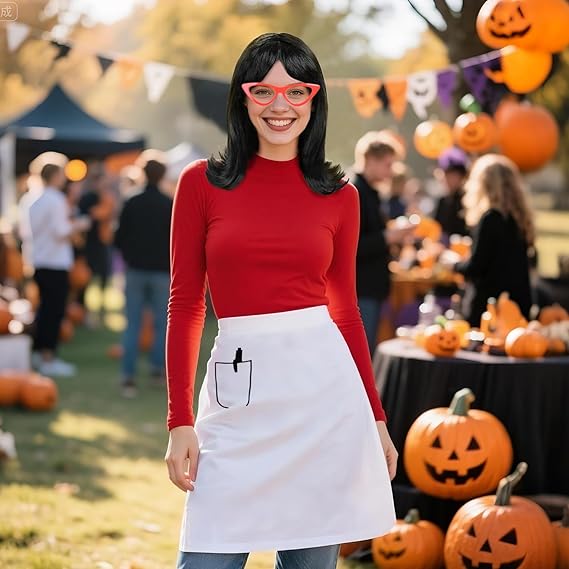 ZIOTL Waitress Costume Set for Women Halloween Outfit Carneval Cosplay Dress Up, Red Cat-Eye Glasses, Black Flip Wig, White Half-Length Apron with Pocket